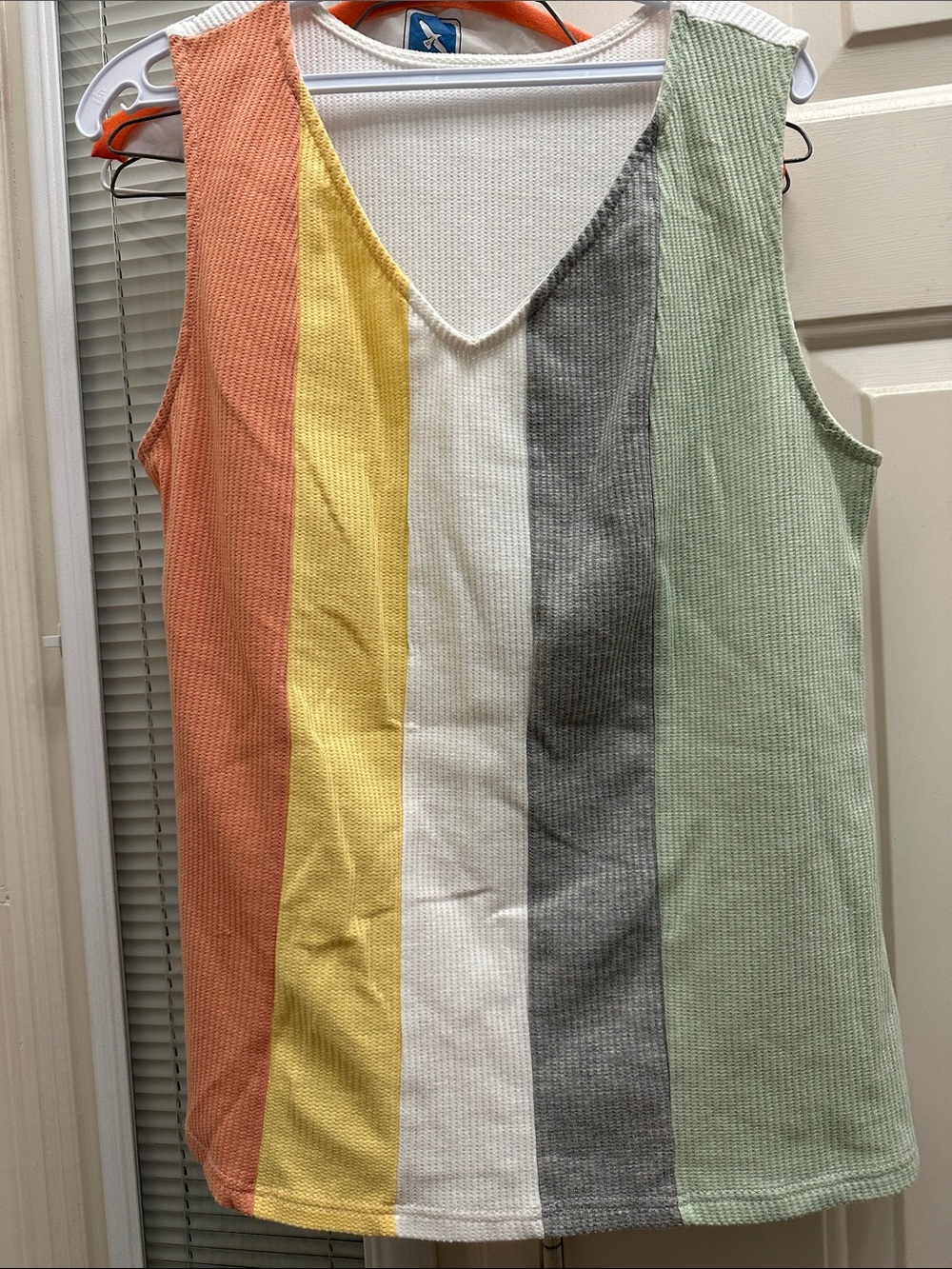 Striped V-Neck Sleeveless Top in Peach, Yellow, White, Gray & Sage